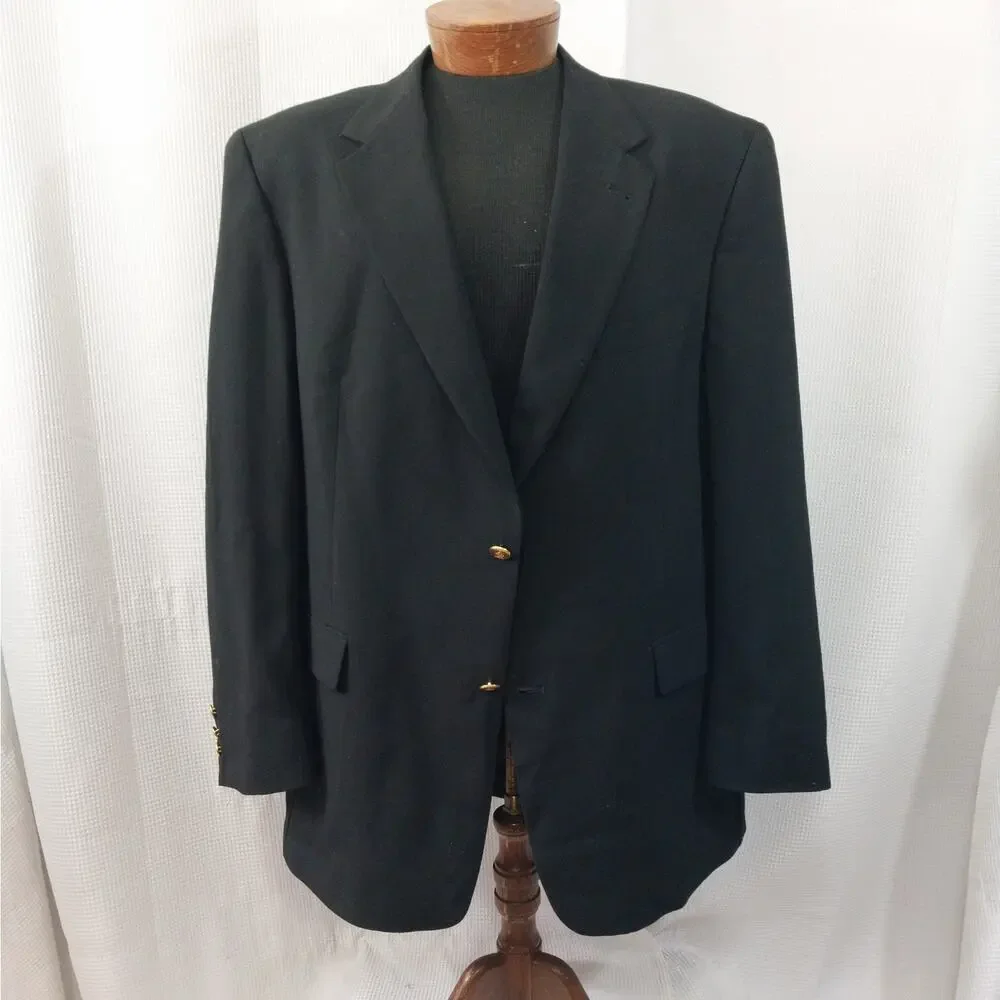 AUSTIN REED! STUNNING BLACK FINE WOOL, GOLD BUTTON CLUB BLAZER, JACKET! SZ 46R